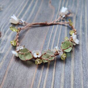 Green Fluorite and Clear Quartz Knotted Bracelet Adjustable Cord Nature Inspired